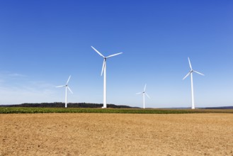 Wind farm, wind turbine, fields, blue sky, GÃ¶ttingen, Germany