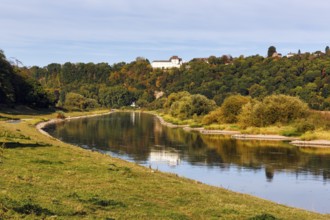Picturesque landscape with wooded hills and floodplain landscapes, Weser banks, river landscape,