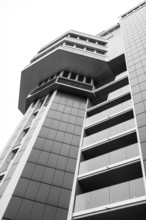Modern architecture, geometric lines photographed in black and white, former water tower of the