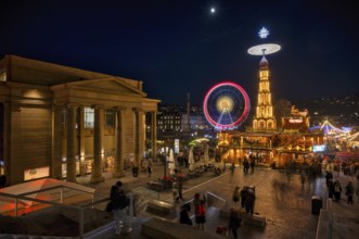 Night view, Christmas market with Christmas pyramid, Ferris wheel, New Palace, Schlossplatz,