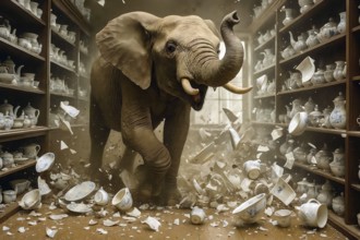 An elephant trumpets through a china shop and destroys porcelain, symbolic image rough, gruff,