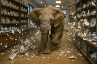 An elephant runs through a china shop and destroys porcelain, symbolic image rough, harsh,