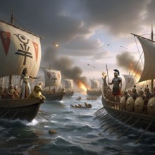 The fleets of Cleopatra and Octavian at the Battle of Actium, symbol image of Mark Antony, Roman