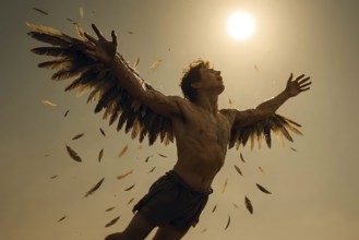 Icarus, also Icaros, flies towards the sun with wings made of wax, the wings melt, Icarus crashes,