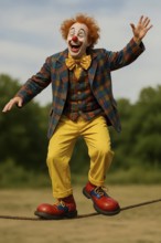 A clown with a clown nose, big shoes and costume balances on a rope, symbolic picture acrobatics,
