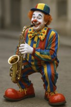 A clown with clown nose, big shoes and costume plays saxophone, symbolic picture acrobatics,