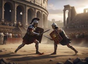 Two gladiators with helmet, shield and sword fight in a Roman arena, symbol ancient, Roman,