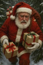 Santa Claus drags a bag full of presents sweating through the snowy forest, symbol Christmas, gift