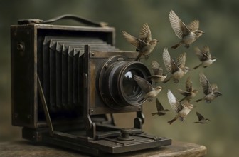 A flock of birds flies out of a camera lens, symbolic image photo, photograph, plate camera, snap,
