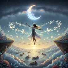 In a dream world, a young woman balances on a rope across an abyss, symbolic image dream, fantasy,