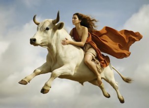 The Phoenician princess Europe is abducted by God Zeus in the form of a white bull, symbolic image