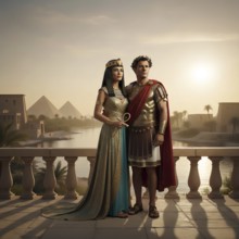 Cleopatra and Mark Antony in front of the pyramids, symbol Mark Antony, Roman Empire, Egypt,