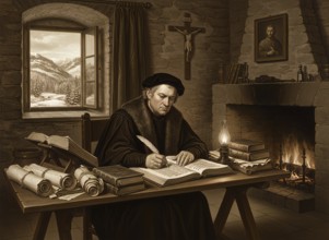 The reformer Martin Luther sits in his study and writes, symbolic image faith, church,