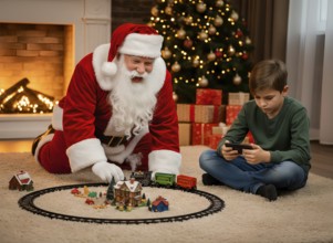 Santa Claus is happily playing with a toy train, a boy looks bored at his cell phone, symbol photo
