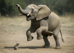 An elephant is startled by a mouse and stands on its hind legs, symbol of fear, panic, fright,