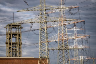 Power lines, overhead lines at STEAG coal-fired power plant Duisburg-Walsum, conveyor framework of