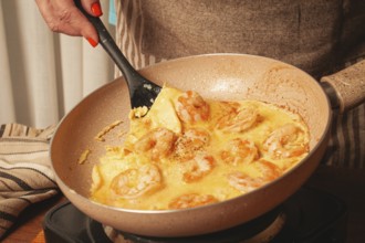 A person stirs shrimp in a creamy sauce in a frying pan on the stove, showcasing the cooking