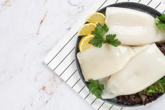 Fresh squid on a black plate with greens and lemon slices prepared for cooking in a kitchen setting