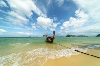Longtail boat on the beach, Koh Ngai island, Andaman Sea, Satun province, southern Thailand,