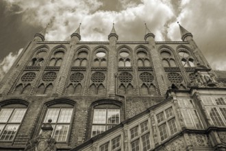 Part of the town hall, built around 1240, Sepia, Hanseatic City of LÃ¼beck, Schleswig-Holstein,