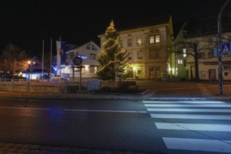 A festively lit Christmas tree on a side of the street at night, Aidlingen, Böblingen district,