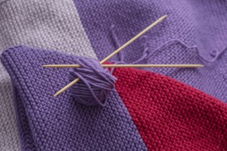 Purple and red knit with balls of wool and needles, North Rhine-Westphalia, Germany