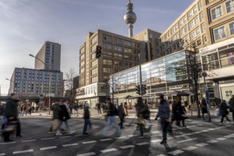 Passers-by on a GrunerstraÃŸe pedestrian crossing near Alexander Platz, Berlin Radio Tower, Berlin,