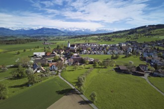 View of town, Rigi and the snowy Alps in the back, Beinwil, Freiamt, Canton, Aargau, Switzerland