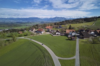 View of the hamlet of Brunnwil, with Rigi and the snowy Alps in the back, Beinwil, Freiamt, Canton,