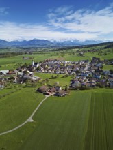 View of the village with Rigi and the snowy Alps in the back, Beinwil, Freiamt, Canton, Aargau,