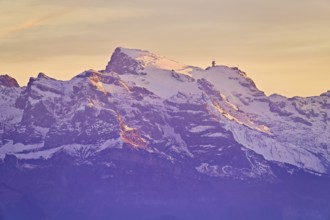 Snow-covered Titlis in evening light, Engelberg, Canton, Obwalden, Switzerland