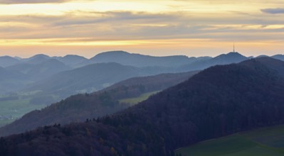 View from the Gisliflue of the Jurassic foothills with the Wasserfluh, in the light of twilight,