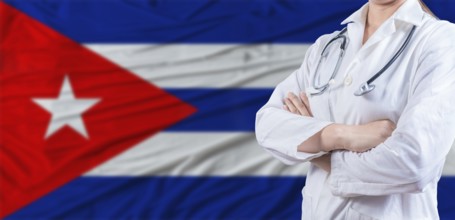 Doctor with crossed arms on Cuba flag. Cuban health and care concept. Female doctor on Cuba flag