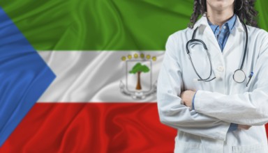 Medical professional on Equatorial Guinea flag. Healthcare and wellness in Equatorial Guinea,