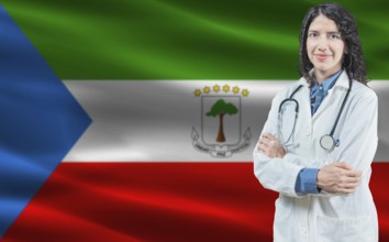 Equatorial Guinean medicine and healthcare concept. Doctor close up against Equatorial Guinea flag