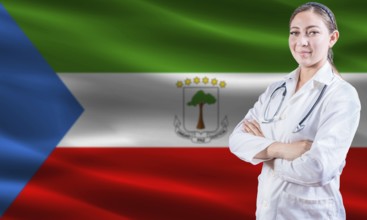 Female doctor on Equatorial Guinea flag. Doctor with crossed arms on Equatorial Guinea flag.