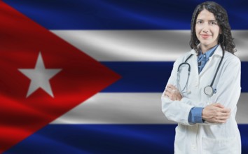 Cuban medicine and healthcare concept. Doctor close up against Cuba flag background