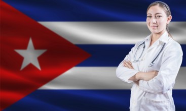 Female doctor on Cuban flag. Doctor with crossed arms on Cuba flag. Cuban health and care concept