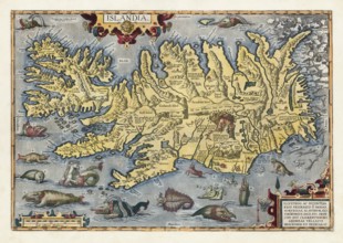 One of the most famous Iceland maps from the Renaissance, Islandia, hand-colored copper engraving