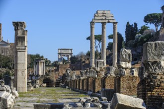 View of Roman Forum through the middle of ruin with foundations of Basilica Basilica Julia Julia