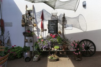 Decorative garden corner, maritime and rural elements, flower pot, garden restaurant, MÃ¶nchgut,