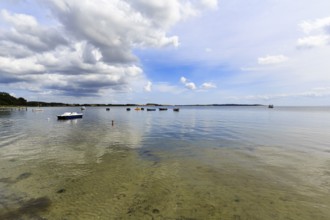 Picturesque coastal landscape with boats on water, sunny summer weather, MÃ¶nchgut, RÃ¼gen, Germany