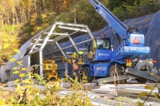 Workers and machines assembling a tunnel surrounded by autumn trees, Hermann Hesse Railway Bat