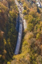 Tunnel project view from the air, surrounded by diverse autumn forest and infrastructure, Hermann