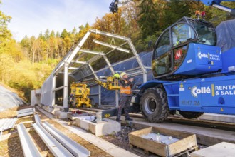 Workers use cranes to build a structure along a rail line in the forest, Hermann Hesse Railway bat