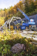 Tunnel construction site with hoists in an autumn landscape, Hermann Hesse Railway bat tunnel