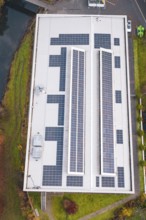 Bird's-eye view of building roof with solar cells in an autumn environment, PV at Walther Lindner