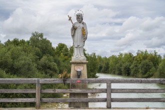 St. Nepomuk, bridge saint, statue, landscape on the Isar, Lenggries, Isarwinkel, Upper Bavaria,