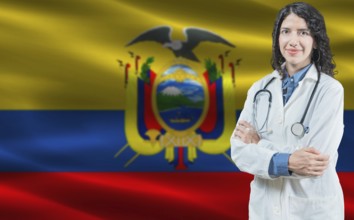 Ecuadorian medicine and healthcare concept. Doctor close up against Ecuador flag background