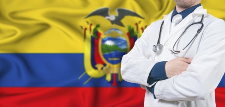 Ecuador healthcare concept. Male doctor on Ecuador flag. Doctor with crossed arms on Ecuador flag
